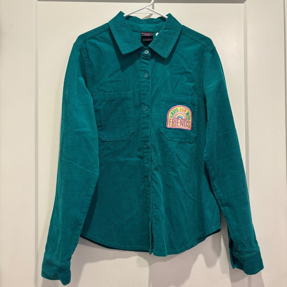 Hello Kitty and Friends Sanrio Teal Corduroy Embroidered Button Down Shirt LG